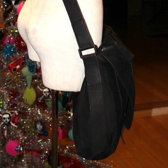 AllSaints Thorpe Messenger Bag Black Suede & Leather XL Orig $499 Excellent - Picture 13 of 13